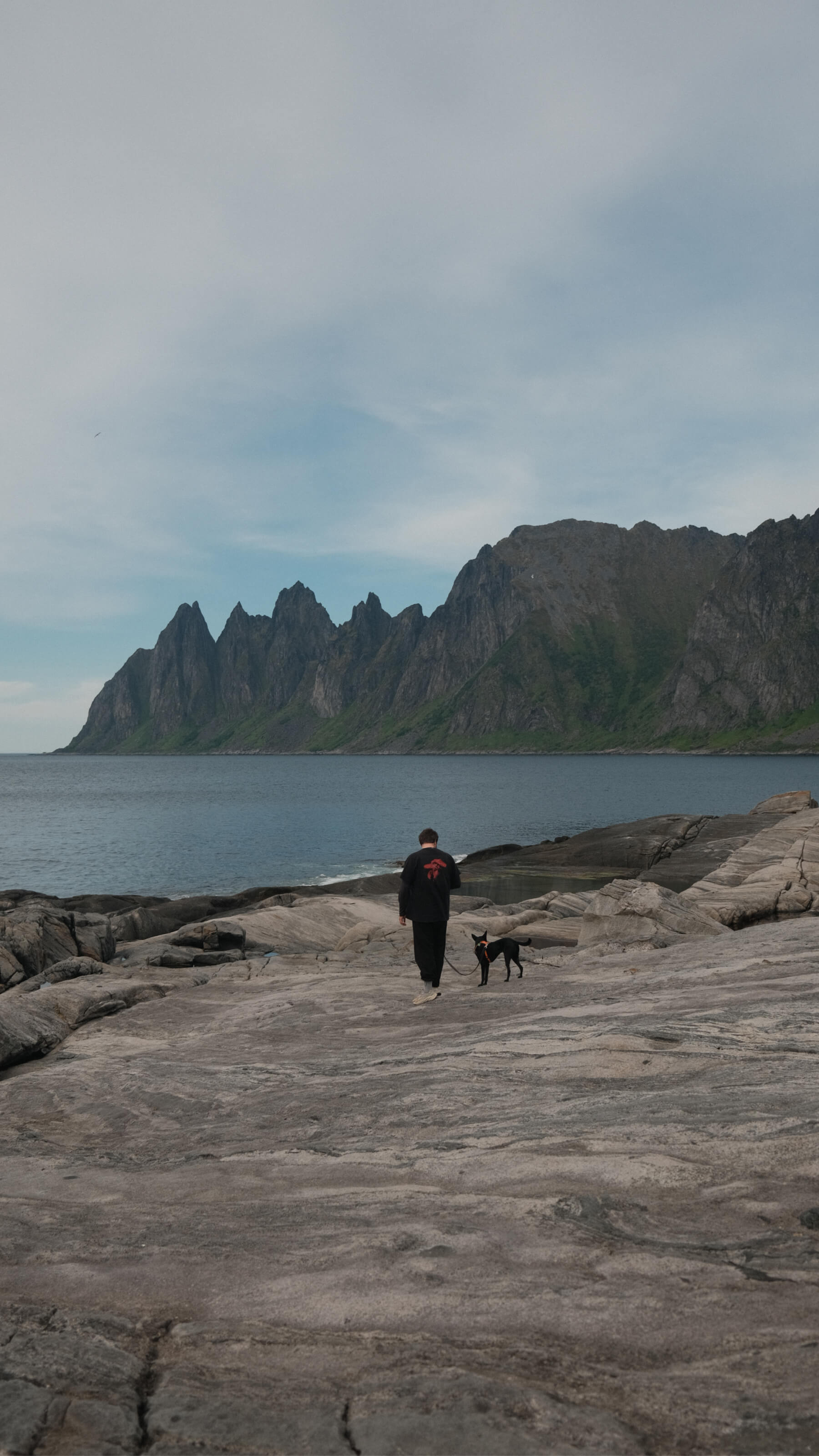 Mann mit Hund vor beeindruckender Bergkulisse in Norwegen